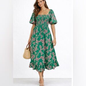 J.Crew NWT Green Pink Floral Smocked Midi Dress Cotton Puff Sleeve Size Large